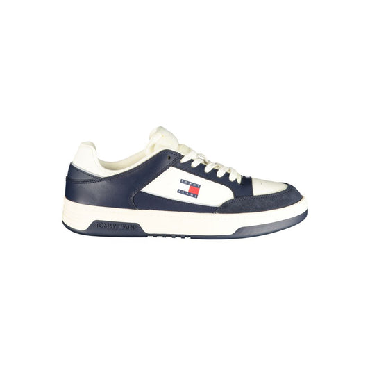 Athletic Sneakers by Tommy Hilfiger for men in polyester polyurethane leather blue & white features an architectural silhouette, showcasing the premium athletic style of the Crisp Men's Athletic Polyester Polyurethane Leather Sneakers with an architectural finish.