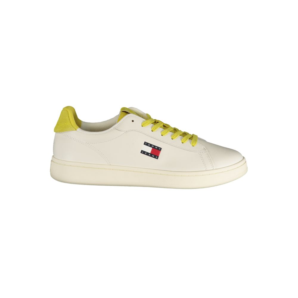 Athletic Sneakers by Tommy Hilfiger for men in polyester polyurethane leather white, yellow & print presents a sleek silhouette, perfectly capturing the athletic style essence of Crisp Men's Athletic Polyester Polyurethane Leather Sneakers with its sleek design and premium finish.