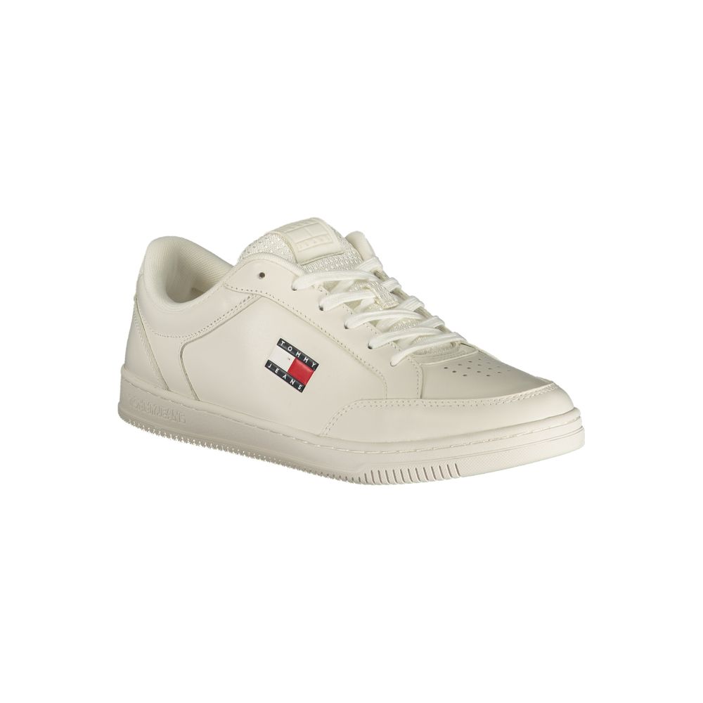 Athletic Sneakers by Tommy Hilfiger for men in polyester polyurethane leather white features an architectural silhouette, showcasing the premium athletic style of the Men's Athletic Polyester Polyurethane Leather Sneakers with an architectural finish.