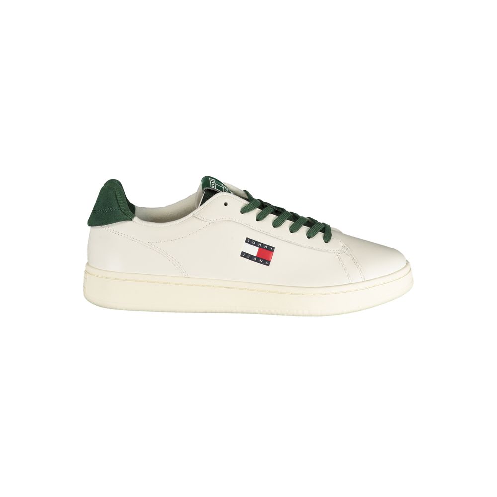 Athletic Sneakers by Tommy Hilfiger for men in polyester polyurethane leather green & white features an stately silhouette, showcasing the signature athletic style of the Men's Athletic Polyester Polyurethane Leather Sneakers collection with a truly stately finish.