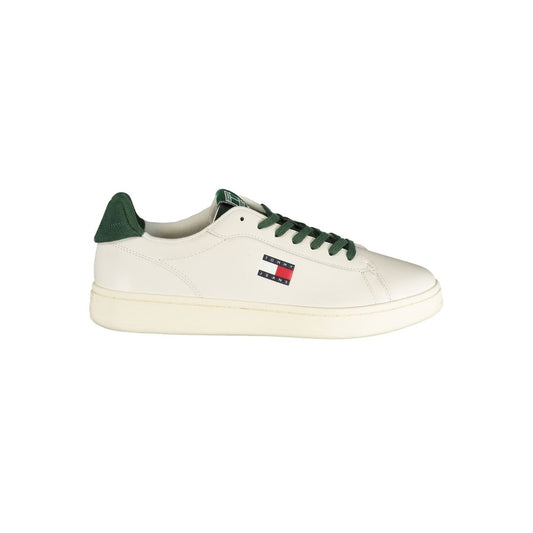 Athletic Sneakers by Tommy Hilfiger for men in polyester polyurethane leather green & white features an stately silhouette, showcasing the signature athletic style of the Men's Athletic Polyester Polyurethane Leather Sneakers collection with a truly stately finish.