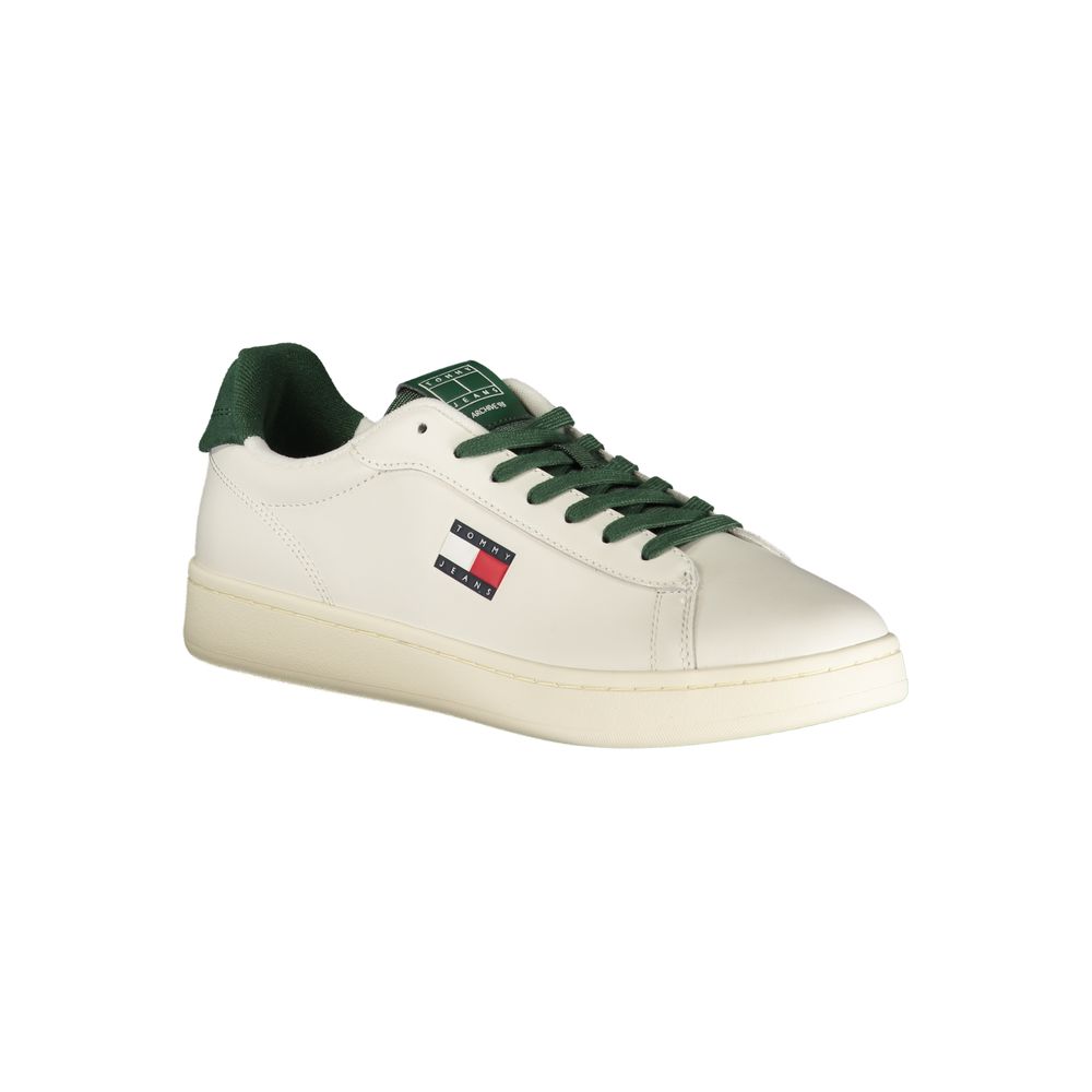 Athletic Sneakers by Tommy Hilfiger for men in polyester polyurethane leather green & white features an architectural silhouette, showcasing the premium athletic style of the Men's Athletic Polyester Polyurethane Leather Sneakers with an architectural finish.