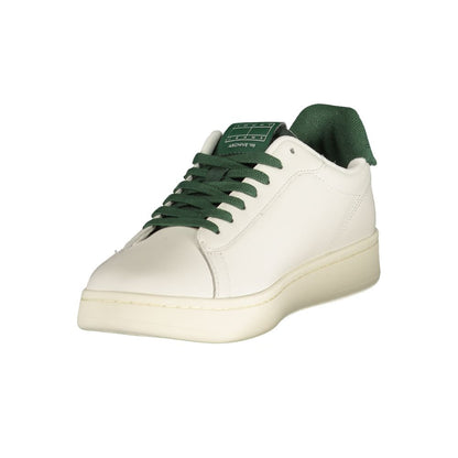 Athletic Sneakers by Tommy Hilfiger for men in polyester polyurethane leather green & white features an stately silhouette, showcasing the signature athletic style of the Men's Athletic Polyester Polyurethane Leather Sneakers collection with a truly stately finish.