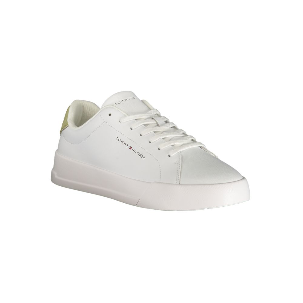Athletic Sneakers by Tommy Hilfiger for men in polyester polyurethane leather green & white showcases a architectural silhouette, artfully capturing the essence of the Crisp Men's Athletic Polyester Polyurethane Leather Sneakers with its signature architectural athletic style construction.
