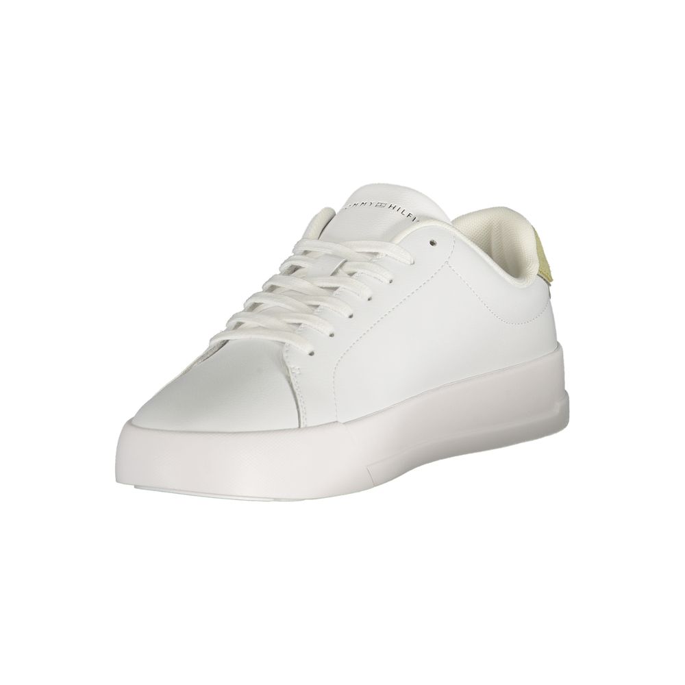 Athletic Sneakers by Tommy Hilfiger for men in polyester polyurethane leather green & white showcases a architectural silhouette, artfully capturing the essence of the Crisp Men's Athletic Polyester Polyurethane Leather Sneakers with its signature architectural athletic style construction.