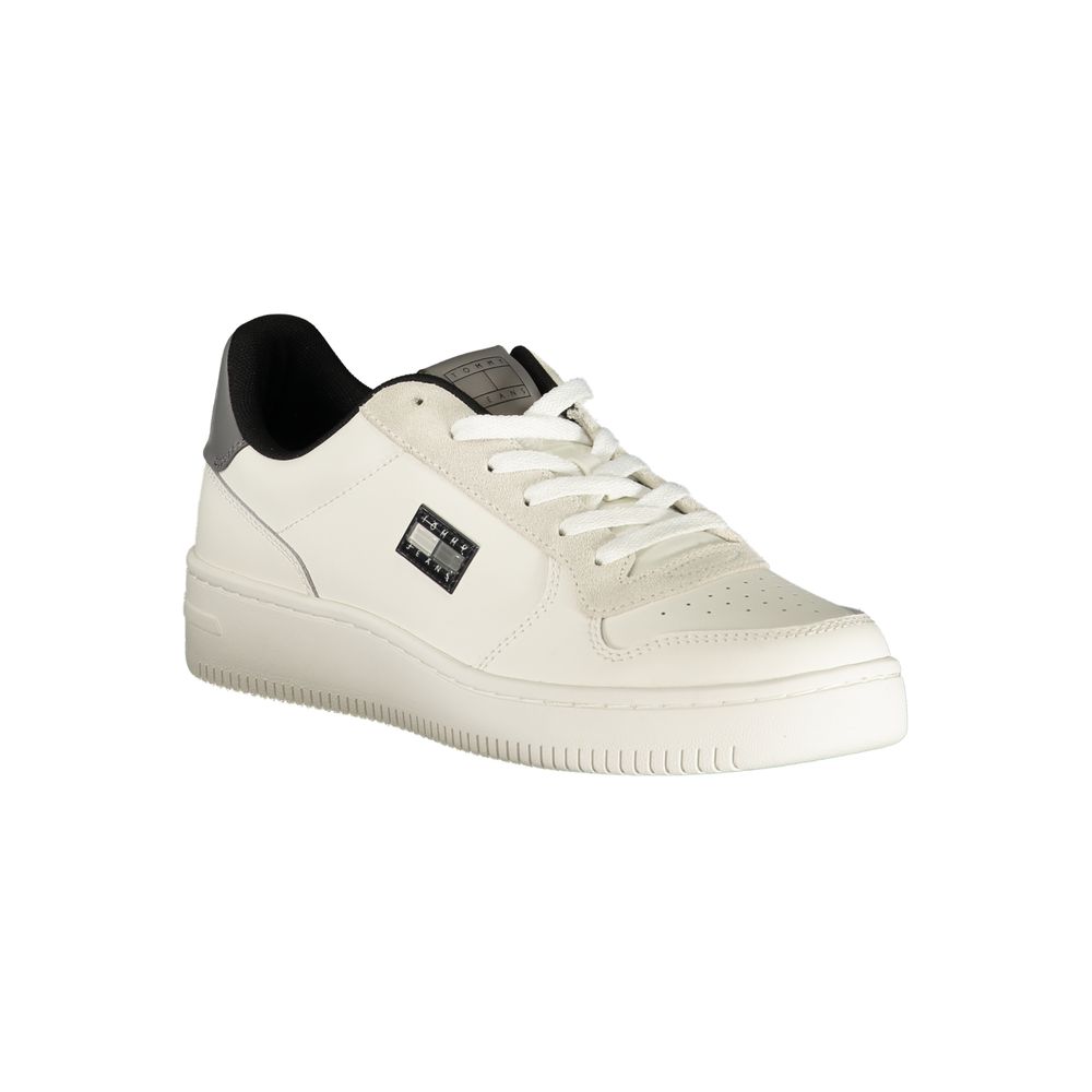 Athletic Sneakers by Tommy Hilfiger for men in polyester polyurethane leather gray & white features an stately silhouette, showcasing the signature athletic style of the Men's Athletic Polyester Polyurethane Leather Sneakers collection with a truly stately finish.