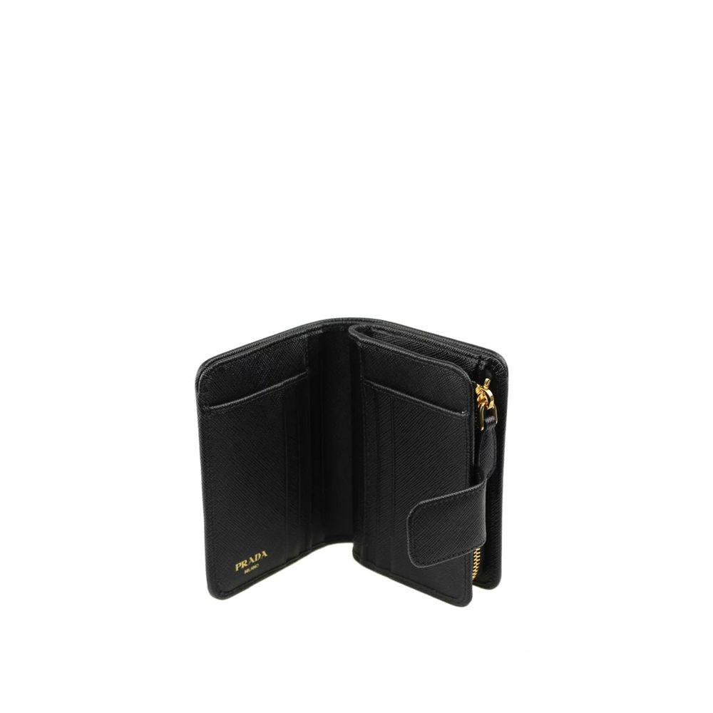 Wallet by Prada for women in leather & metal black presents a refined silhouette, artfully capturing the essence of the Leather & Metal Wallet design with sophisticated coin-purse for a refined look.