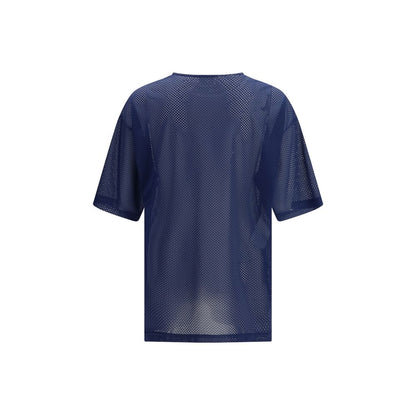 Activewear T-Shirt by Moschino for men in polyester blue & print features a sporty silhouette with and crew neckline, showcasing innovative mesh-panels & breathable-design for a sporty finish.