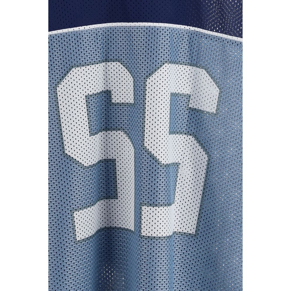 Activewear T-Shirt by Moschino for men in polyester blue & print presents a kinetic silhouette, showcasing the kinetic and alongside functional mesh-panels & breathable-design for a premium, athletic look.