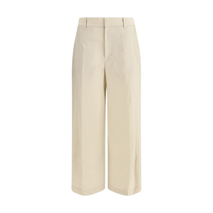 Trousers by Brunello Cucinelli for women in polyamide cotton beige features a sculptural silhouette, showcasing a sculptural regular-fit and long with a sophisticated for a sculptural finish.
