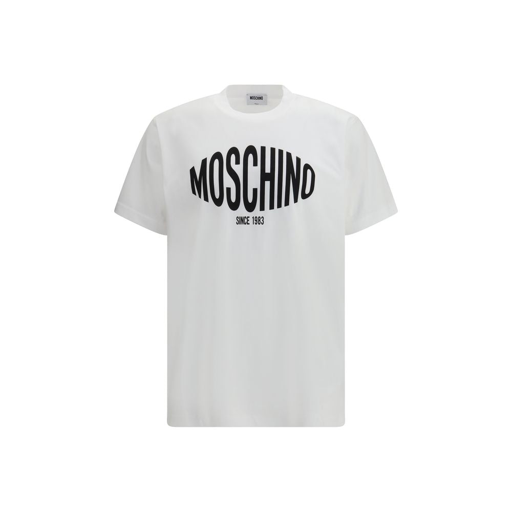 T-Shirt by Moschino for men in cotton white showcases a dramatic silhouette, elegantly detailed with a dramatic round neckline and short-sleeve for a truly dramatic finish.