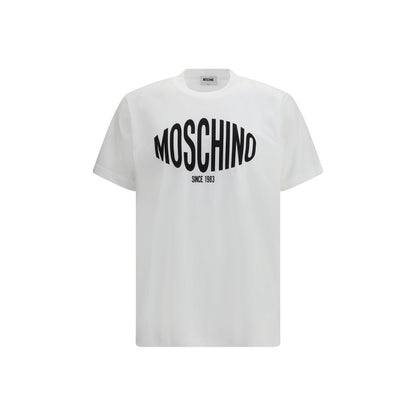 T-Shirt by Moschino for men in cotton white showcases a dramatic silhouette, elegantly detailed with a dramatic round neckline and short-sleeve for a truly dramatic finish.