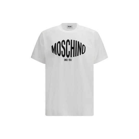 T-Shirt by Moschino for men in cotton white showcases a dramatic silhouette, elegantly detailed with a dramatic round neckline and short-sleeve for a truly dramatic finish.