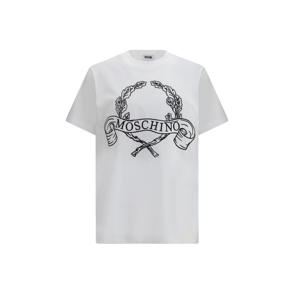 T-Shirt by Moschino for men in organic cotton white & print showcases a unassuming silhouette, artfully detailed with a refined crew neckline and unassuming short-sleeve for a sophisticated, contemporary look.