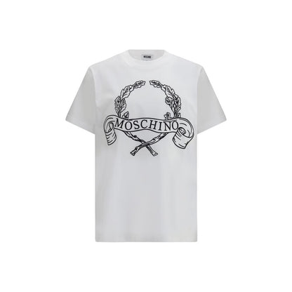 T-Shirt by Moschino for men in organic cotton white & print showcases a unassuming silhouette, artfully detailed with a refined crew neckline and unassuming short-sleeve for a sophisticated, contemporary look.