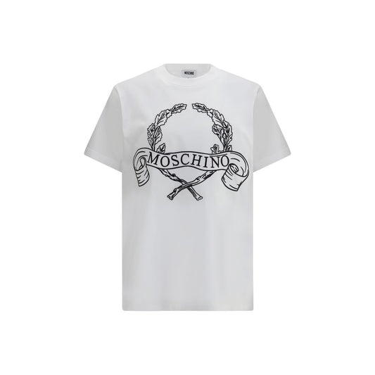 T-Shirt by Moschino for men in organic cotton white & print showcases a unassuming silhouette, artfully detailed with a refined crew neckline and unassuming short-sleeve for a sophisticated, contemporary look.