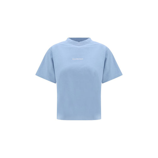 T-Shirt by Balenciaga for women in cotton light-blue showcases a chic silhouette, artfully detailed with a chic crew neckline and short-sleeve for a chic finish.