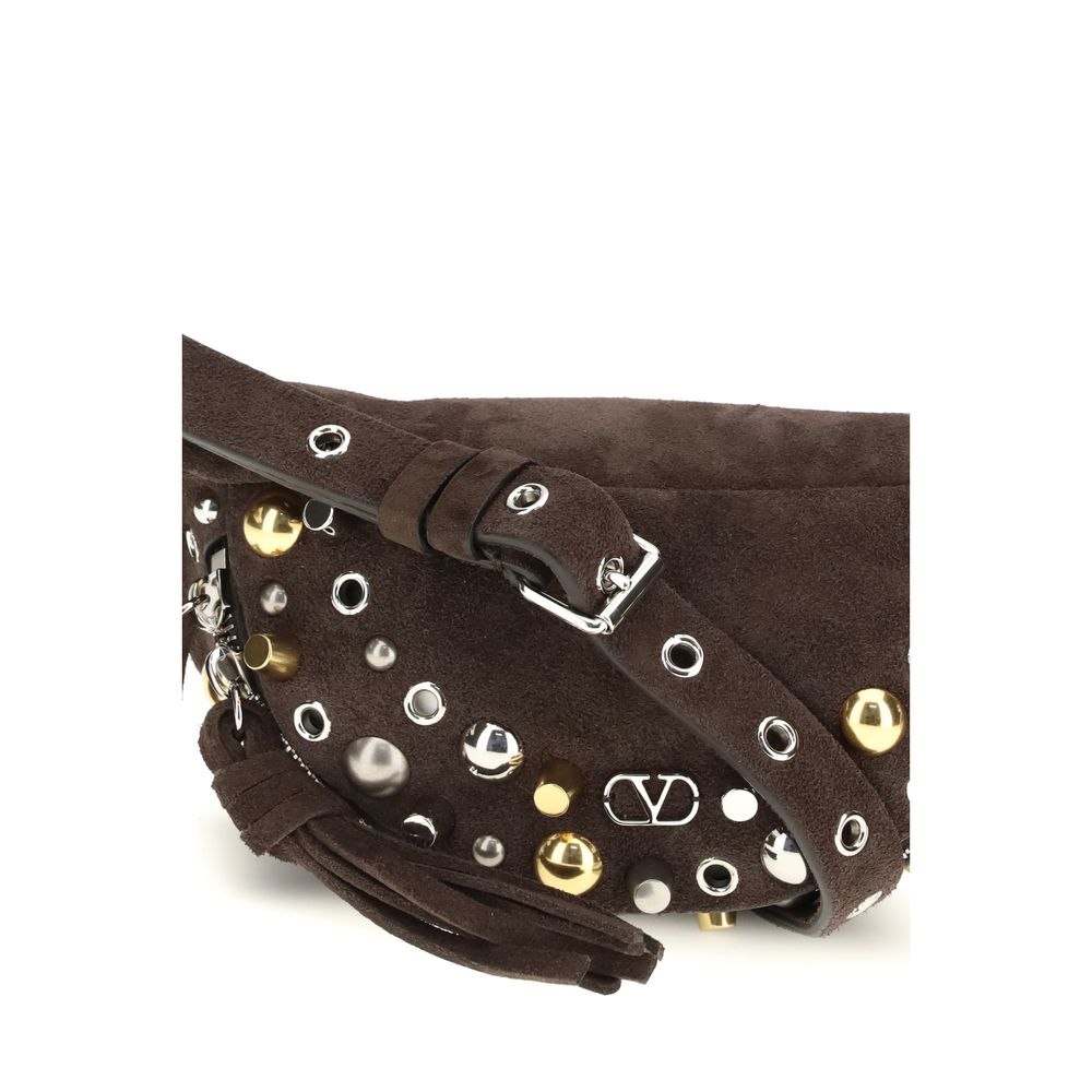 Small Shoulder Fanny Pack Bag by Valentino Garavani for men in bos taurus calf suede leather brown & signature features a distinguished silhouette, showcasing a secure zipper and distinguished with versatile adjustable-strap & belt-strap for a distinguished finish.