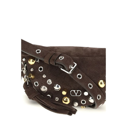 Small Shoulder Fanny Pack Bag by Valentino Garavani for men in bos taurus calf suede leather brown & signature features a distinguished silhouette, showcasing a secure zipper and distinguished with versatile adjustable-strap & belt-strap for a distinguished finish.