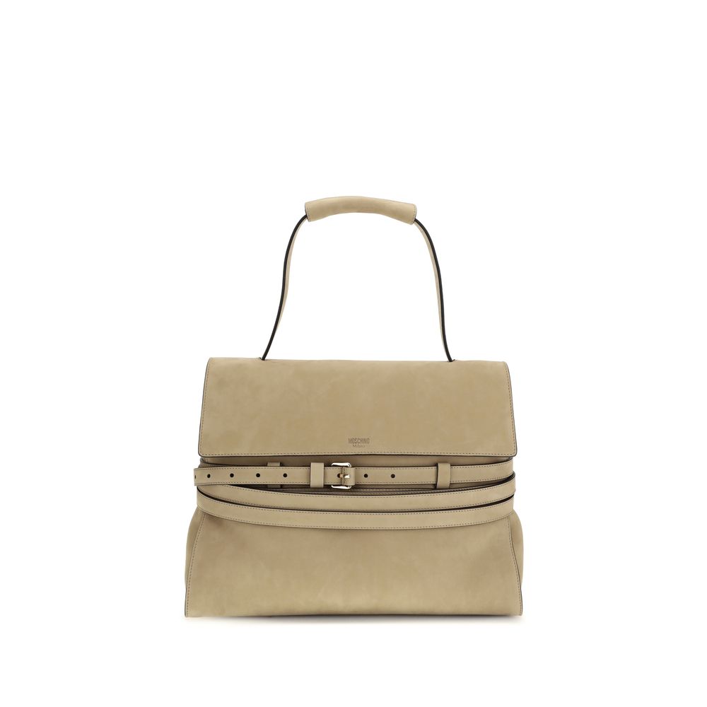 Flap Handbag by Moschino for women in bos taurus calf nubuck leather beige & signature features a contemporary silhouette, showcasing a secure flap & magnetic, ample , and contemporary detachable-strap, belt-strap & handle for a sophisticated look.