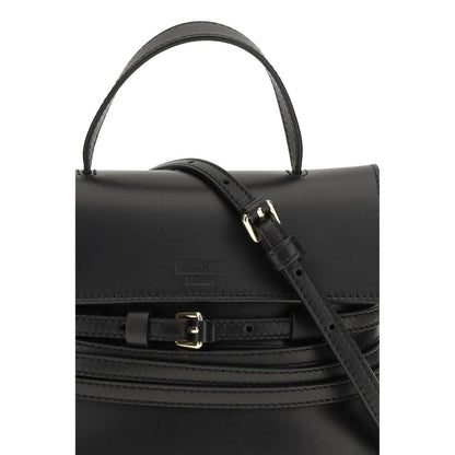 Flap Handbag by Moschino for women in bos taurus calf nubuck leather black features a contemporary silhouette, showcasing a secure snap, flap & magnetic, ample , and contemporary detachable-strap, belt-strap & handle for a sophisticated look.