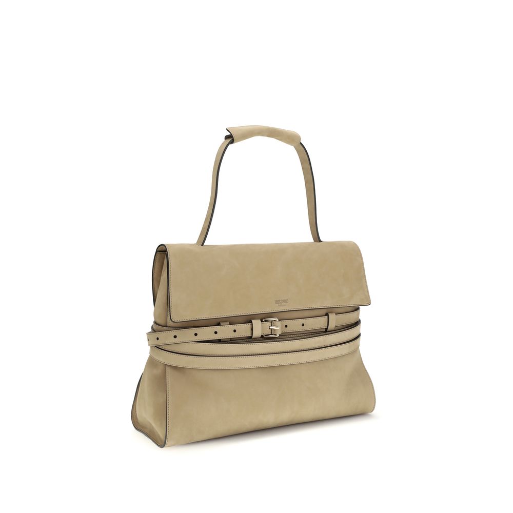 Flap Handbag by Moschino for women in bos taurus calf nubuck leather beige & signature presents a ornamental silhouette, showcasing a secure flap & magnetic, ample , and versatile detachable-strap, belt-strap & handle for a ornamental finish.