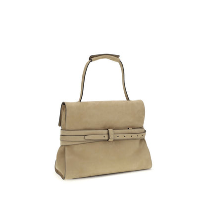 Flap Handbag by Moschino for women in bos taurus calf nubuck leather beige & signature features an refined silhouette, showcasing a secure flap & magnetic, ample , and versatile detachable-strap, belt-strap & handle for a sophisticated refined aesthetic.