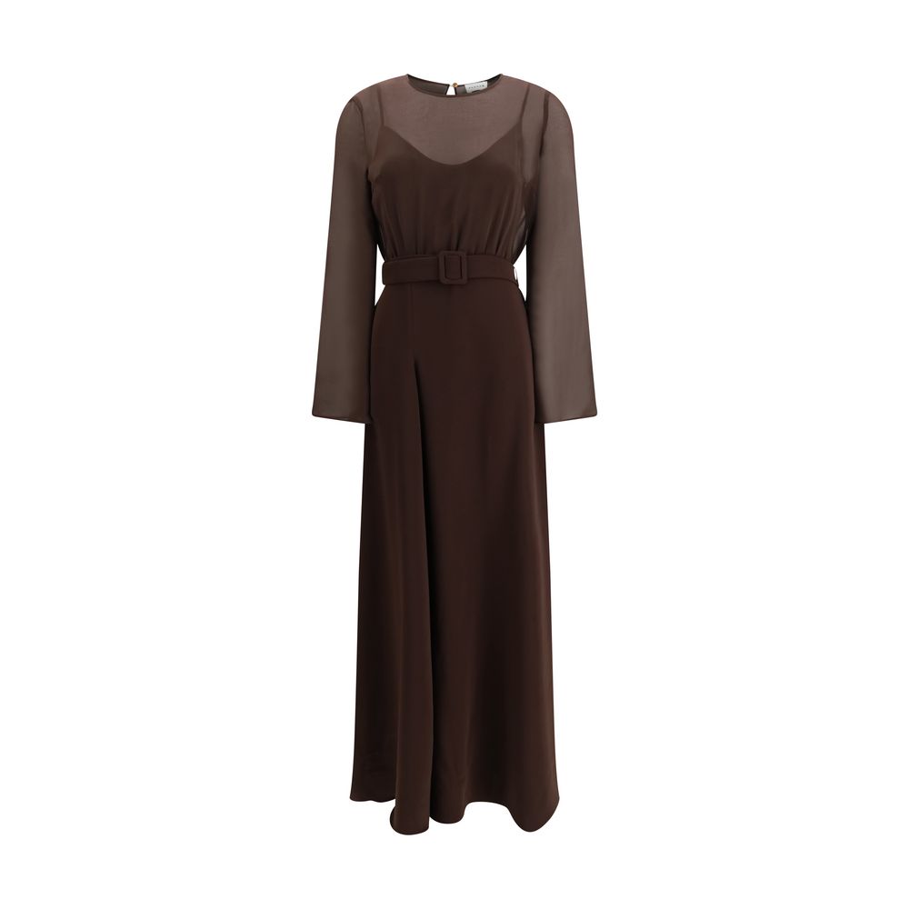 Dress by P.A.R.O.S.H. for women in polyester brown features an eye catching silhouette with a sophisticated , elegant long-sleeve, and a refined long for a eye catching aesthetic.