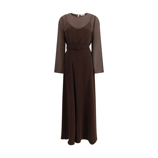 Dress by P.A.R.O.S.H. for women in polyester brown features an eye catching silhouette with a sophisticated , elegant long-sleeve, and a refined long for a eye catching aesthetic.