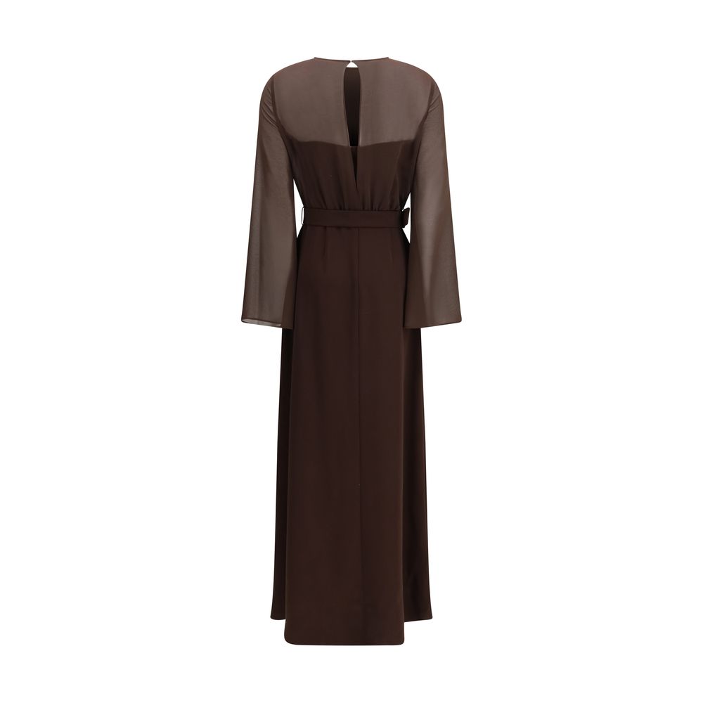 Dress by P.A.R.O.S.H. for women in polyester brown features a dramatic silhouette, showcasing an elegant and that flows into a dramatic long.