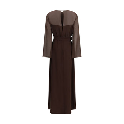 Dress by P.A.R.O.S.H. for women in polyester brown features a dramatic silhouette, showcasing an elegant and that flows into a dramatic long.