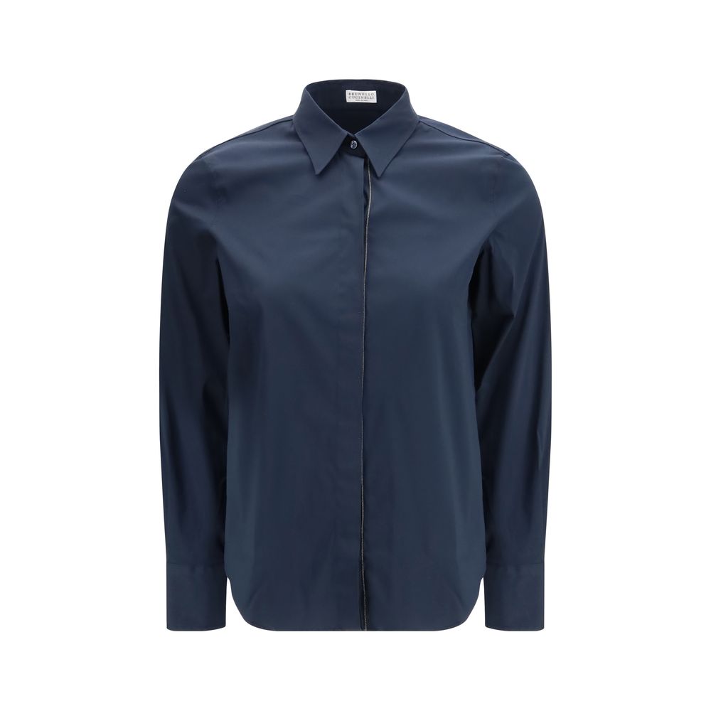 Dress Shirt by Brunello Cucinelli for women in cotton blue & patterned, featuring a nuanced and nuanced for a sophisticated finish.