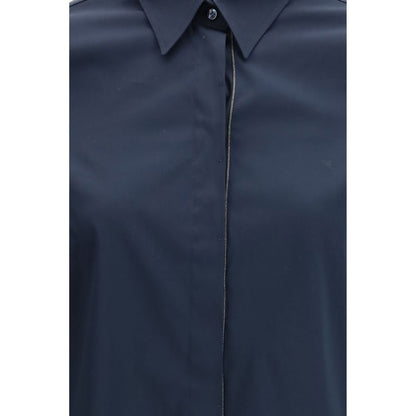 Dress Shirt by Brunello Cucinelli for women in cotton blue & patterned showcases a sublime silhouette, artfully detailed with a sublime and for a sophisticated, sublime finish.