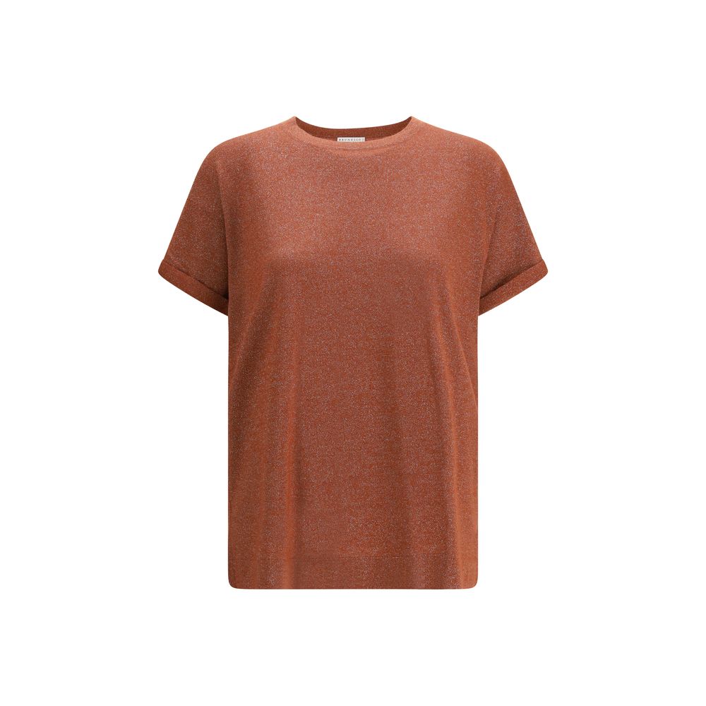 T-Shirt by Brunello Cucinelli for women in nylon polyester cashmere & capra leather multicolor showcases a dramatic silhouette, elegantly detailed with a dramatic crew neckline and long-sleeve for a truly dramatic finish.