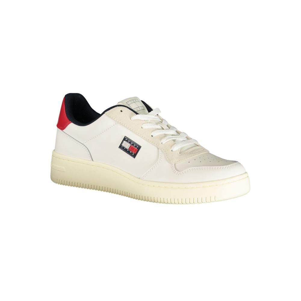 Athletic Sneakers by Tommy Hilfiger for men in polyester polyurethane leather red & white features an architectural silhouette from the Crisp Men's Athletic Polyester Polyurethane Leather Sneakers collection, showcasing a architectural athletic style for a architectural look.