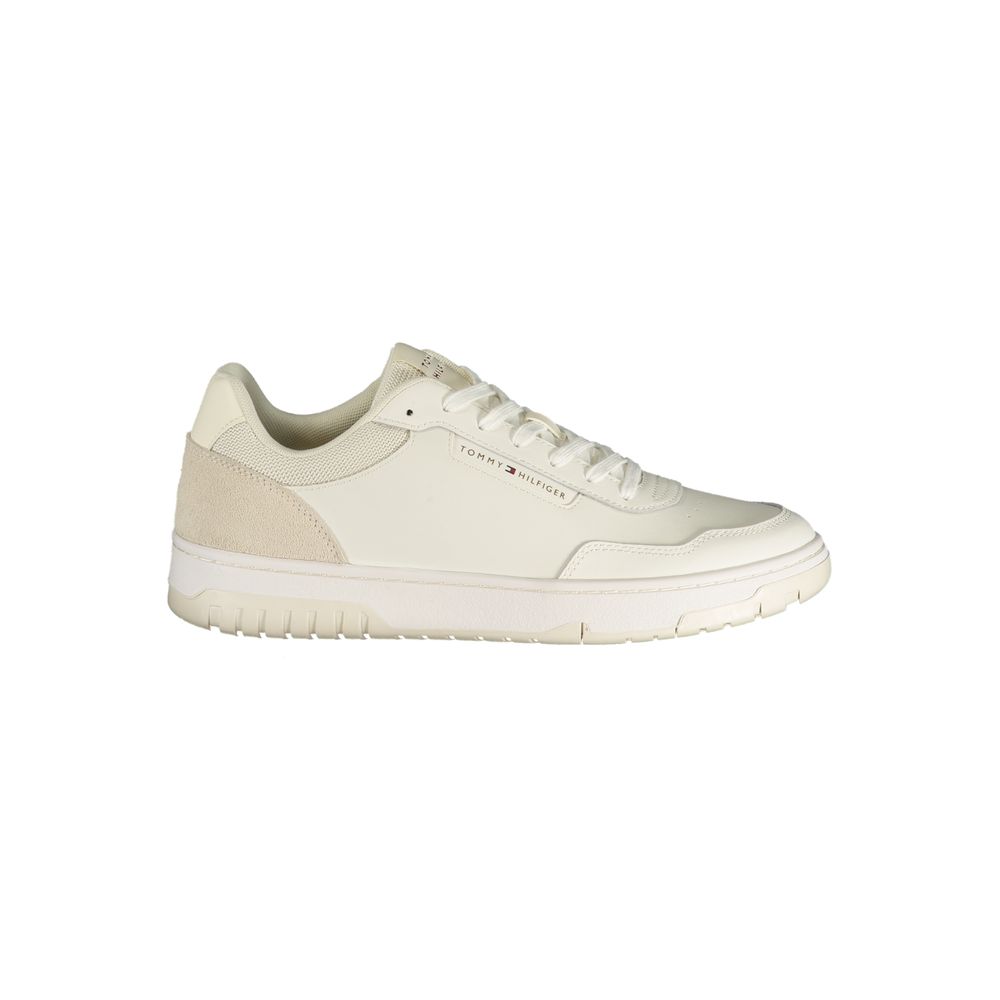 Athletic Sneakers by Tommy Hilfiger for men in polyester polyurethane leather white showcases a architectural silhouette, artfully capturing the essence of the Men's Athletic Polyester Polyurethane Leather Sneakers with its signature architectural athletic style construction.