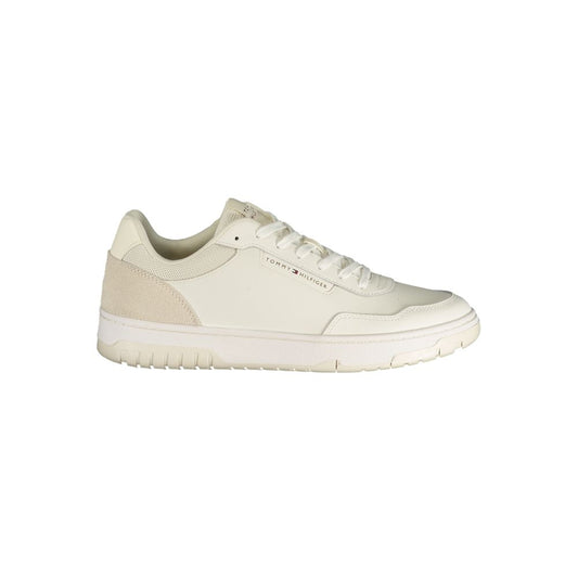 Athletic Sneakers by Tommy Hilfiger for men in polyester polyurethane leather white showcases a architectural silhouette, artfully capturing the essence of the Men's Athletic Polyester Polyurethane Leather Sneakers with its signature architectural athletic style construction.