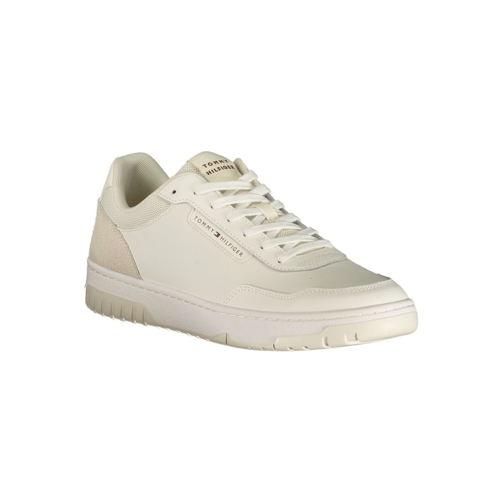 Athletic Sneakers by Tommy Hilfiger for men in polyester polyurethane leather white features an stately silhouette, showcasing the signature athletic style of the Men's Athletic Polyester Polyurethane Leather Sneakers collection with a truly stately finish.