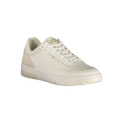 Athletic Sneakers by Tommy Hilfiger for men in polyester polyurethane leather white features an stately silhouette, showcasing the signature athletic style of the Men's Athletic Polyester Polyurethane Leather Sneakers collection with a truly stately finish.