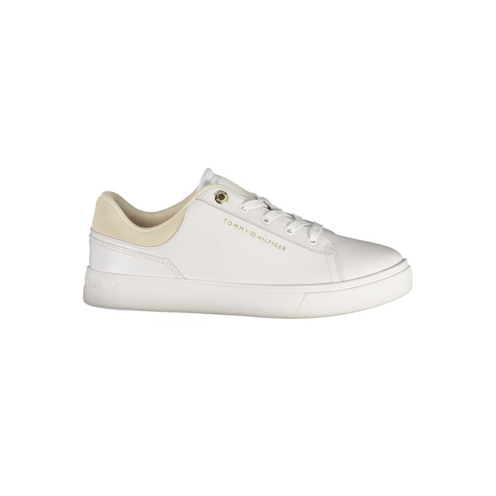 Athletic Sneakers by Tommy Hilfiger for women in polyester polyurethane leather white features an architectural silhouette from the Women's Athletic Polyester Polyurethane Leather Sneakers collection, showcasing a architectural athletic style for a architectural look.