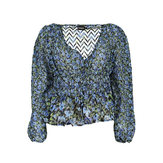 Blouse by Desigual for women in polyester blue & patterned presents a discerning silhouette, showcasing a sophisticated v-neck neckline and long-sleeve for a truly discerning finish.