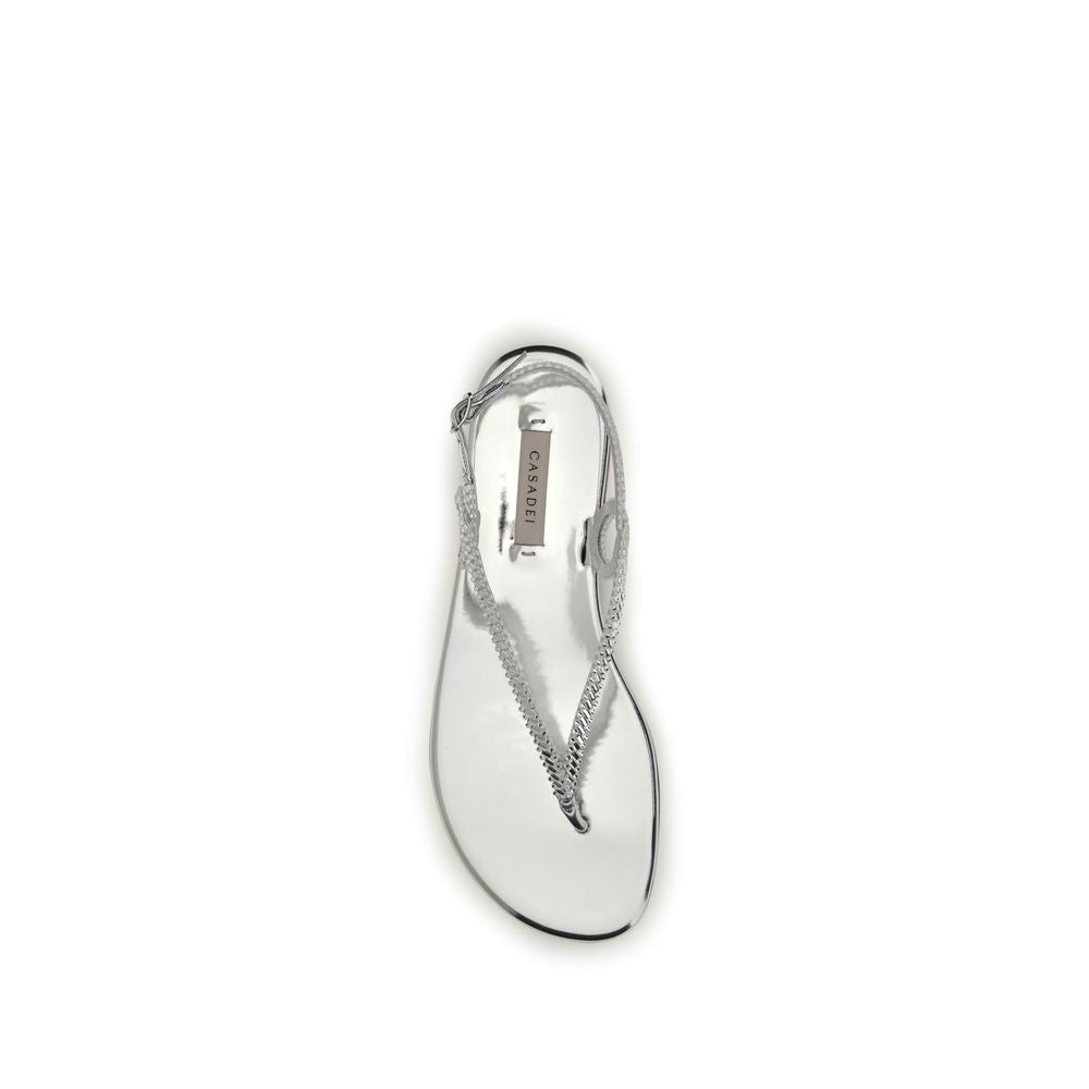 Flat Flip-Flop Sandals by Casadei for women in bos taurus calf leather silver presents a sculptural silhouette, showcasing the Women's Bos Taurus Calf Leather Flat Flip-Flop Sandals design with a sculptural flat and for a premium look.