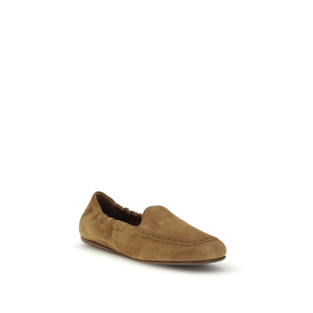 Flat Loafer Slip-On Shoes by Church's for women in bos taurus calf suede leather brown features an effortless chic silhouette, showcasing the Women's Bos Taurus Calf Suede Leather Flat Loafer Slip-On Shoes design with an effortless chic flat and a round toe style for a effortless chic look.