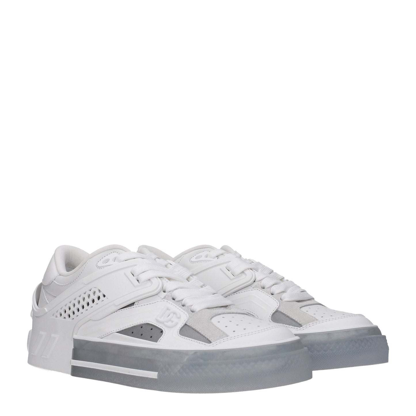Sneakers by Dolce & Gabbana for men in leather & rubber silver & white presents a sumptuous silhouette, artfully capturing the essence of the Men's Low Top Leather & Rubber Sneakers with its sumptuous low-top style design.