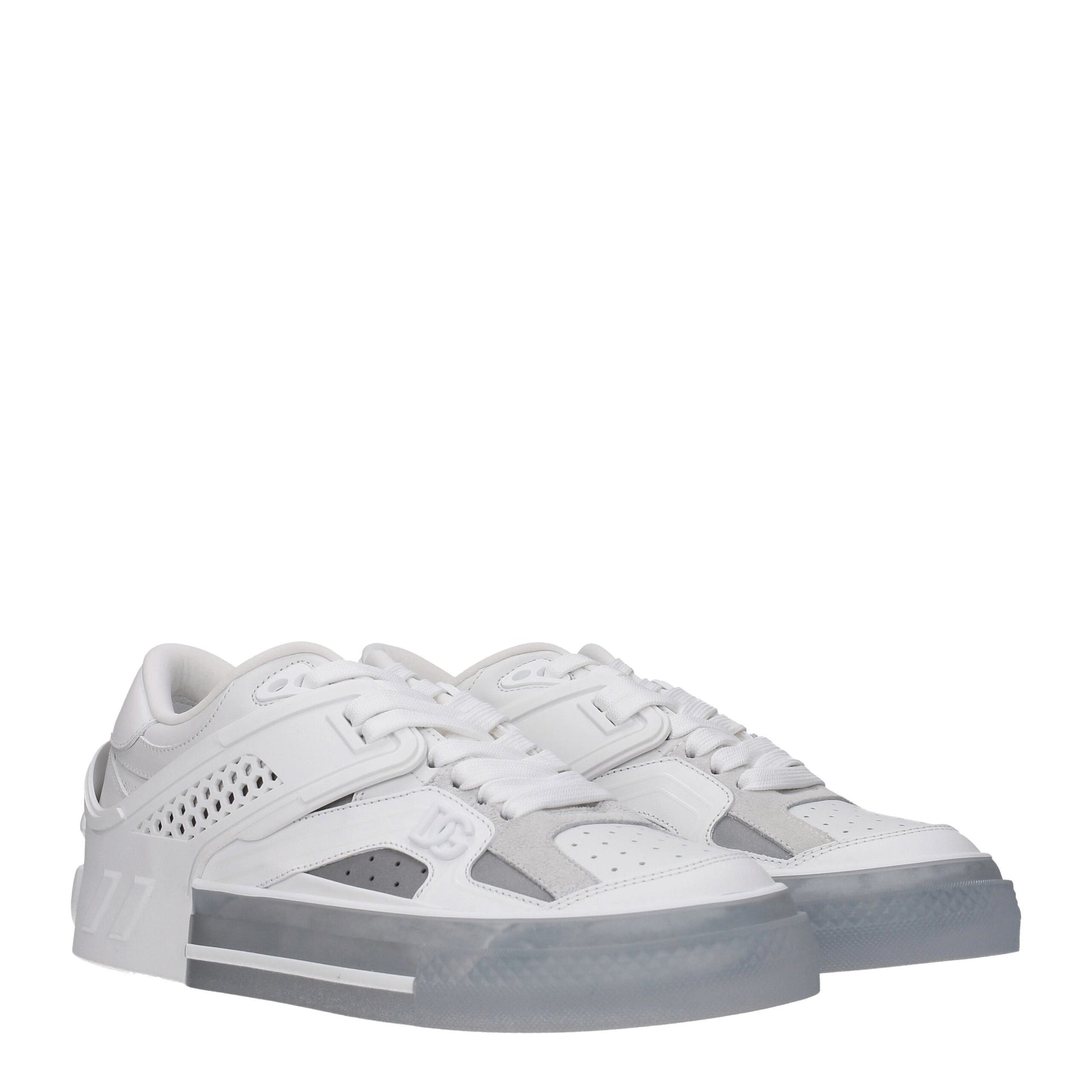 Sneakers by Dolce & Gabbana for men in leather & rubber silver & white presents a sumptuous silhouette, artfully capturing the essence of the Men's Low Top Leather & Rubber Sneakers with its sumptuous low-top style design.