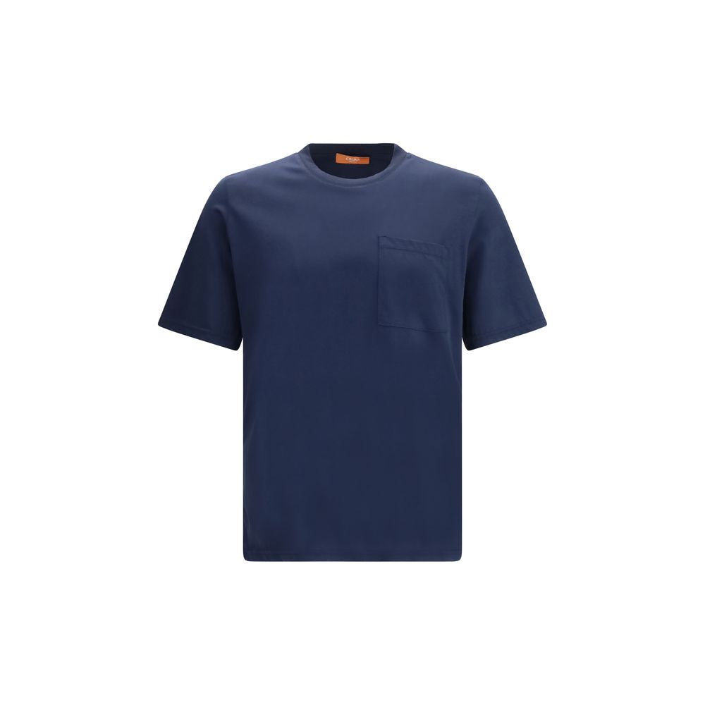 T-Shirt by Cruna for men in cotton blue showcases a dramatic silhouette, elegantly detailed with a dramatic crew neckline and short-sleeve for a truly dramatic finish.