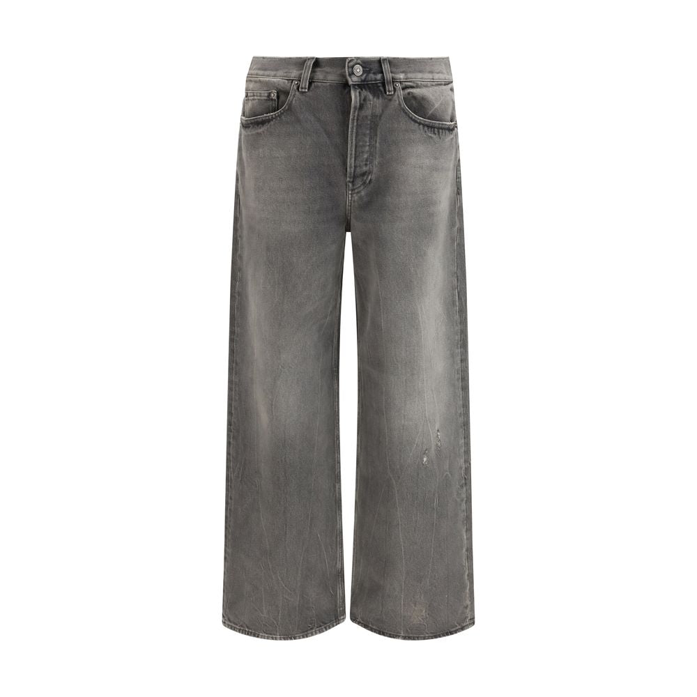 Jeans by Golden Goose for men in denim cotton gray features a polished silhouette with a polished relaxed-fit, wide & oversized, reaching a polished long and finished with a polished .