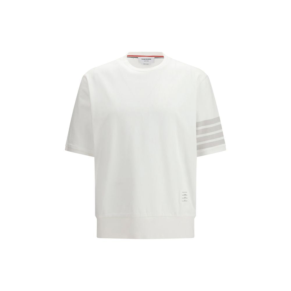 Activewear T-Shirt by Thom Browne for men in cotton white & signature features a versatile silhouette, showcasing a versatile crew neckline and detailed with high-performance for a premium look.