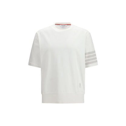Activewear T-Shirt by Thom Browne for men in cotton white & signature features a versatile silhouette, showcasing a versatile crew neckline and detailed with high-performance for a premium look.