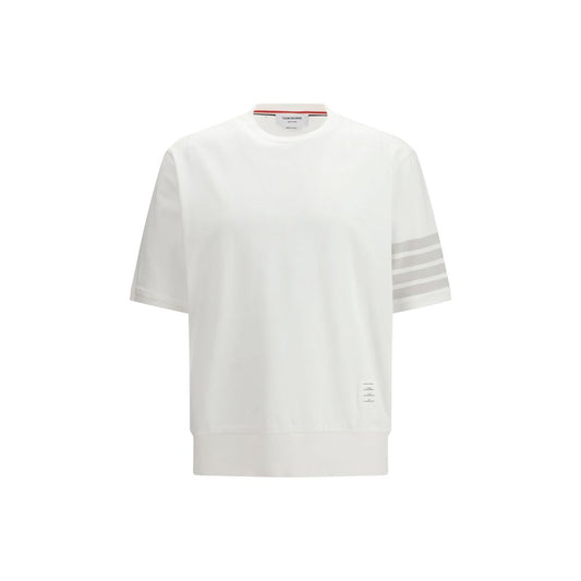 Activewear T-Shirt by Thom Browne for men in cotton white & signature features a versatile silhouette, showcasing a versatile crew neckline and detailed with high-performance for a premium look.